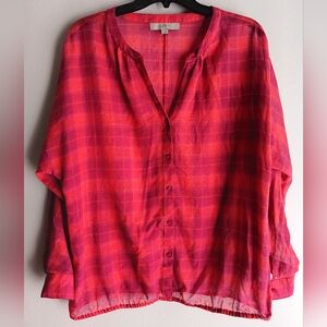 LOFT Red and Pink Plaid Blouse